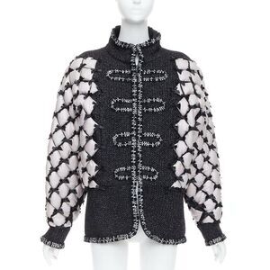 rare CHANEL 15A Runway black tweed white quilted tromp loeil ribbon  jacket FR50